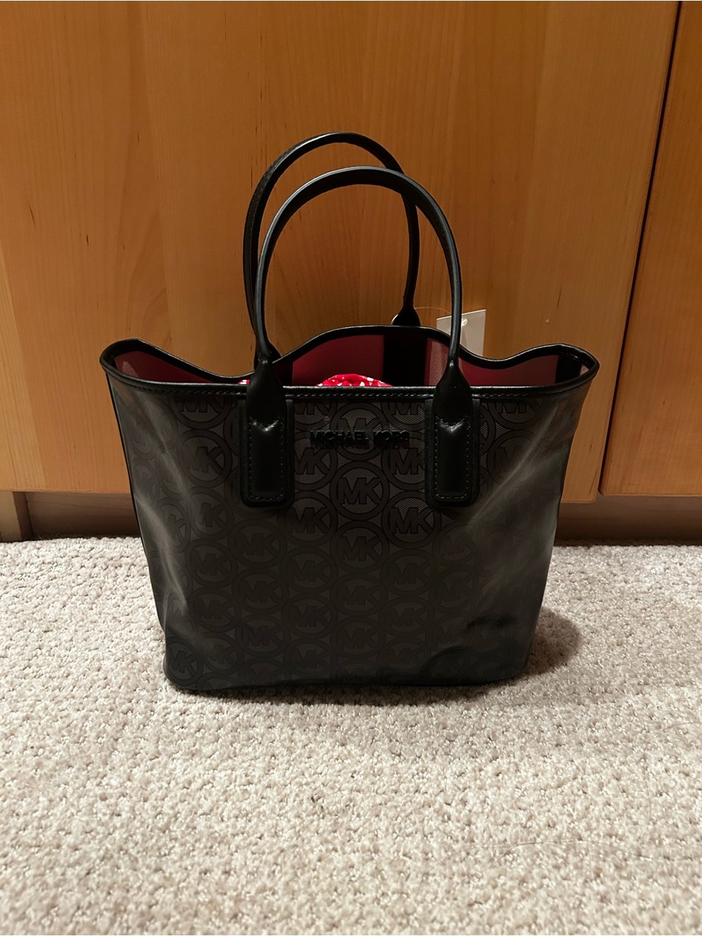 Michael Kors Black Logo Tote with Red Interior Trim